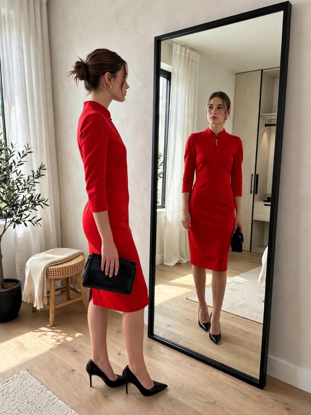 Red Mandarin Collar Sheath Dress 3/4 Sleeve  Keyhole Neck Fitted 12